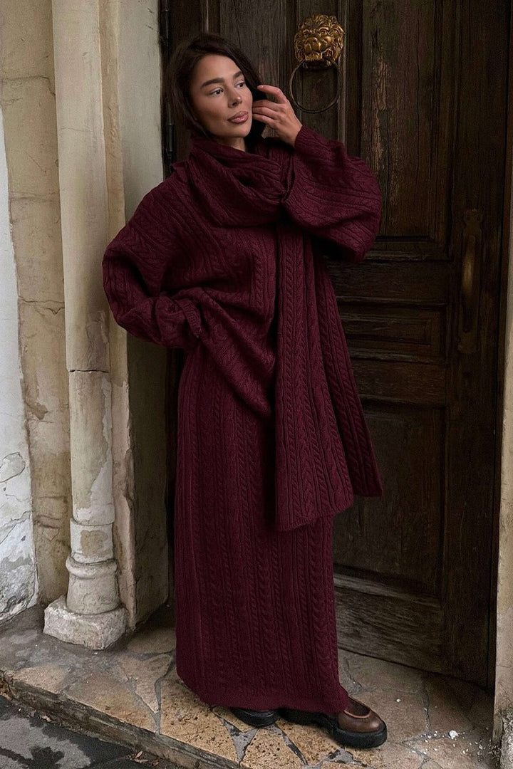 Damen-Strickset mit Polokragen und langem Maxirock
