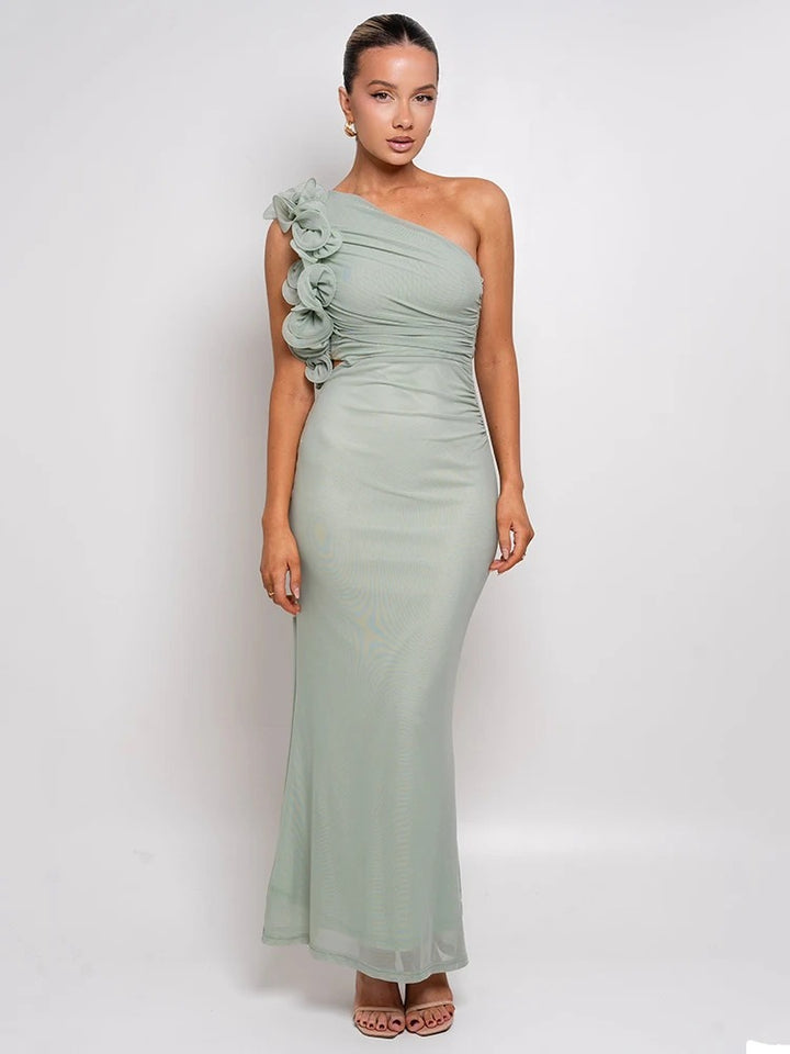 Damen Abendkleid One Shoulder – Asymmetrisch mit Blumenapplikation