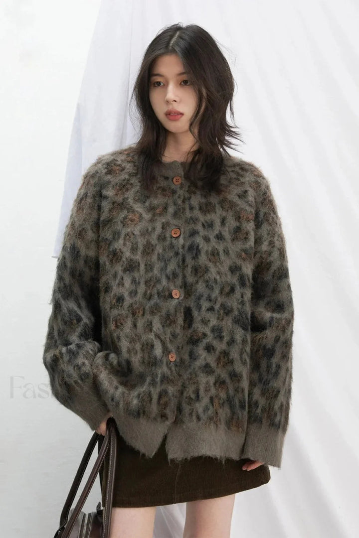 Gemütlicher Leopardenmuster Einreihiger Cardigan