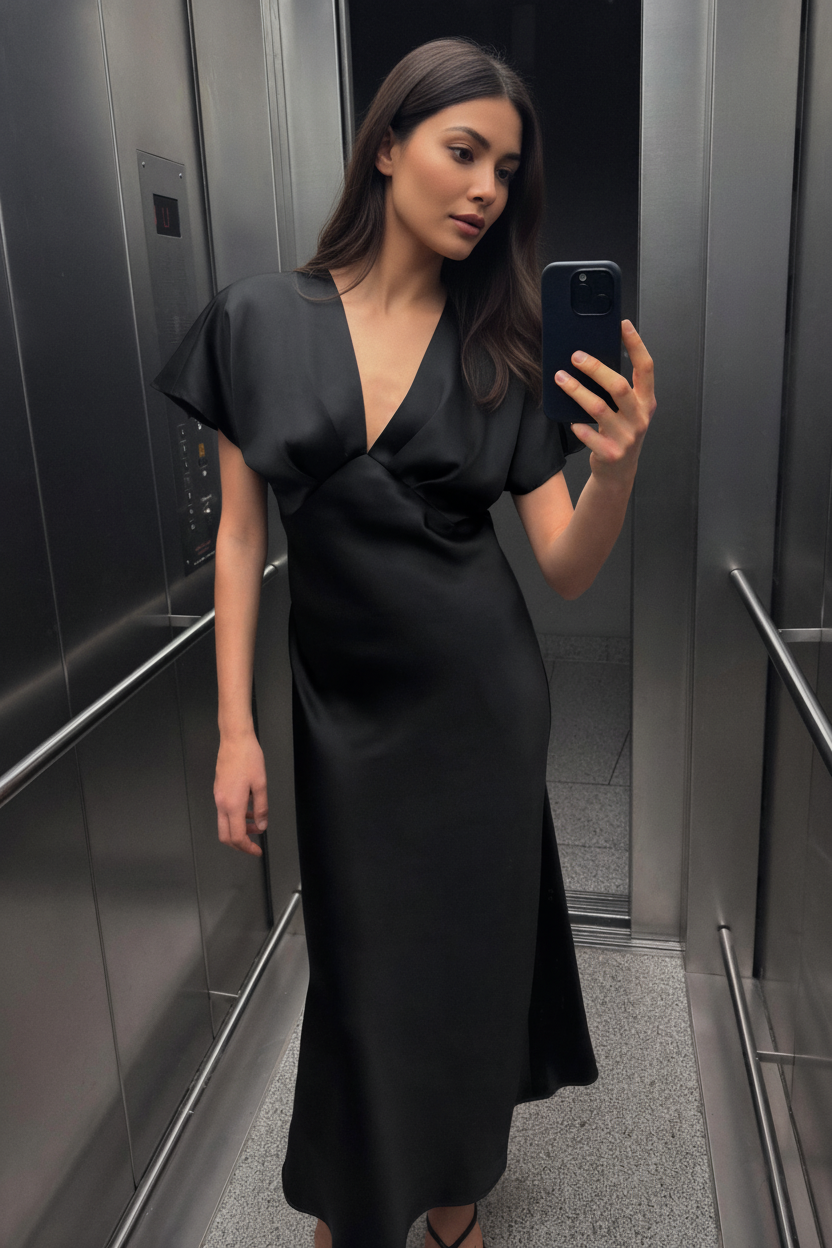 Satin-Midikleid Schwarz