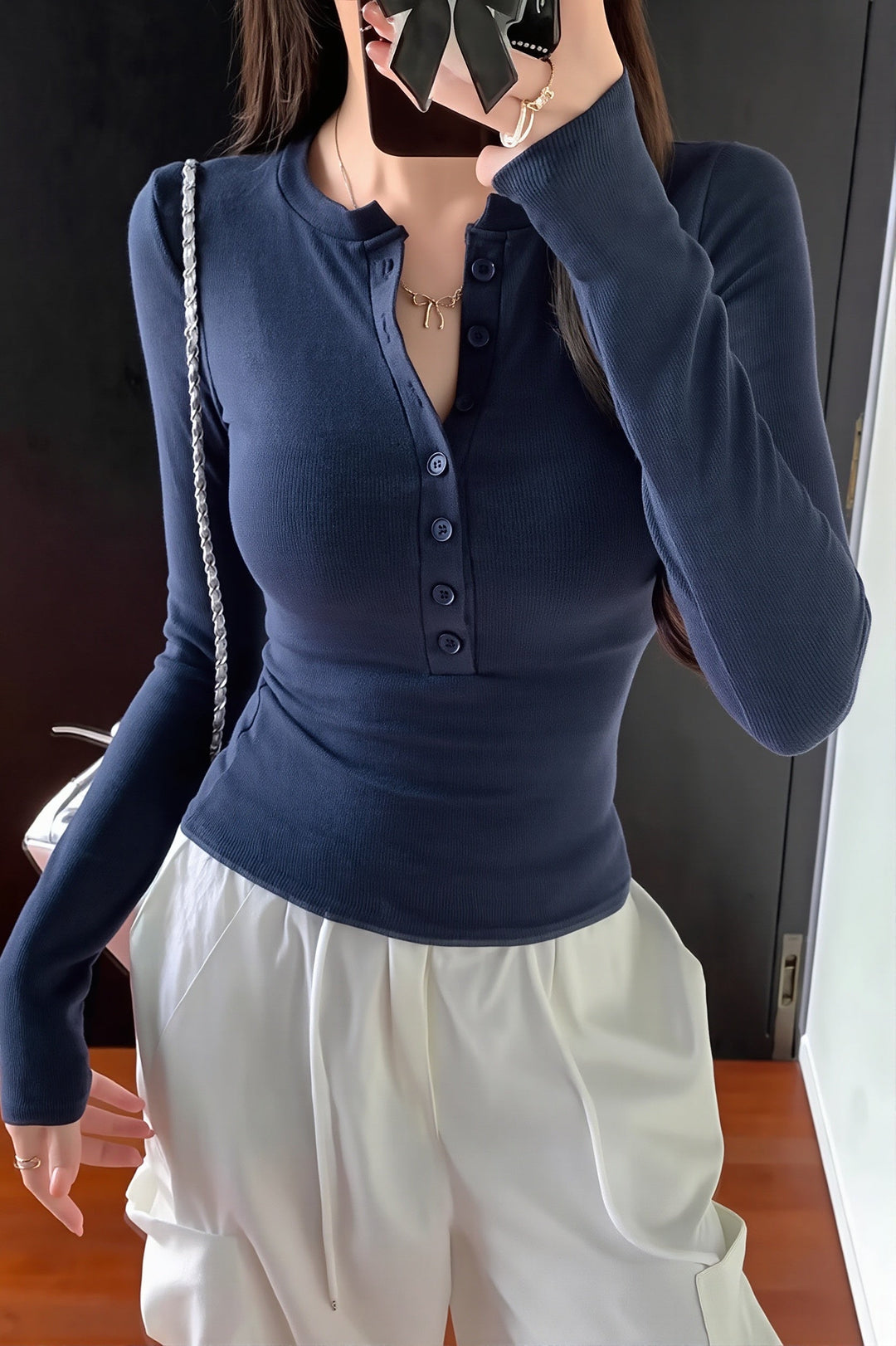 Damen Langarmshirt Aus Rippstrick Mit Henley Ausschnitt