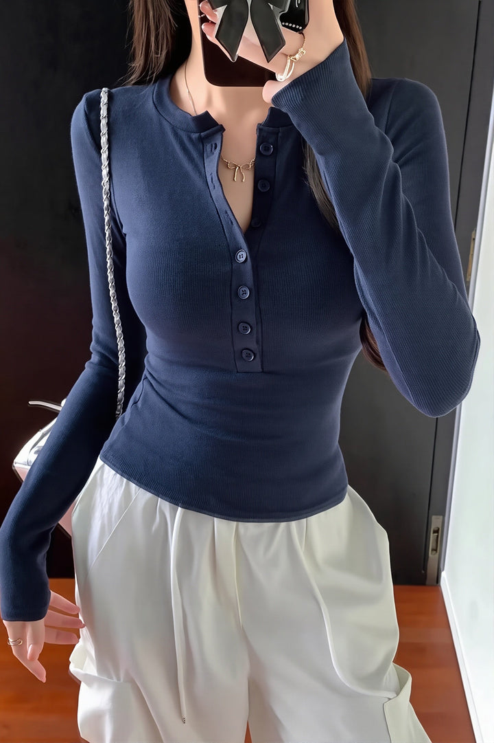 Damen Langarmshirt Aus Rippstrick Mit Henley Ausschnitt