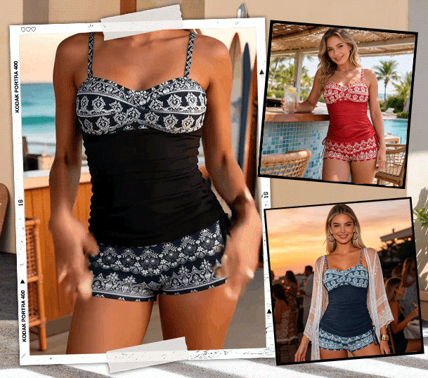 Damen Tankini-Set mit elegantem Muster in Nahaufnahme