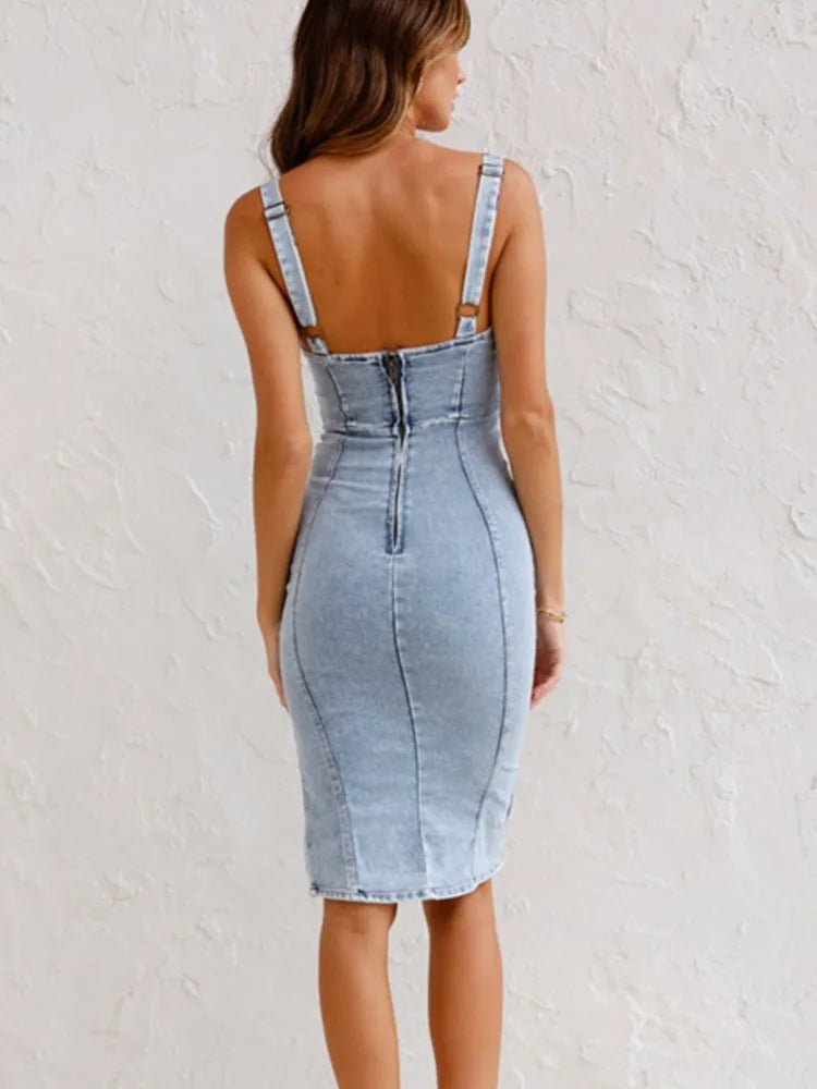 Verstellbares Träger Slim Fit Denim Midikleid