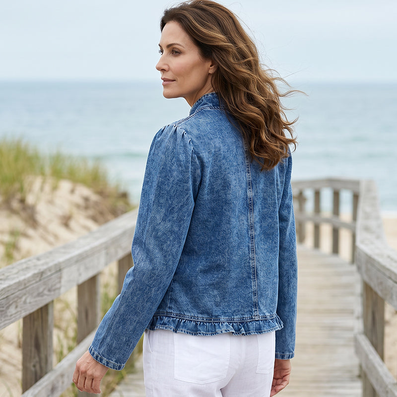 Damen-Jeansjacke mit Rüschensaum und offenem Verschluss