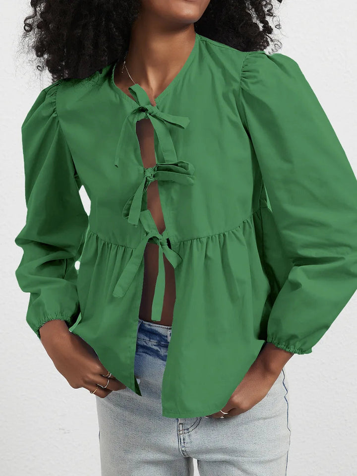 Damen-Bluse mit Schnürung, Rüschensaum und lockerem Sitz