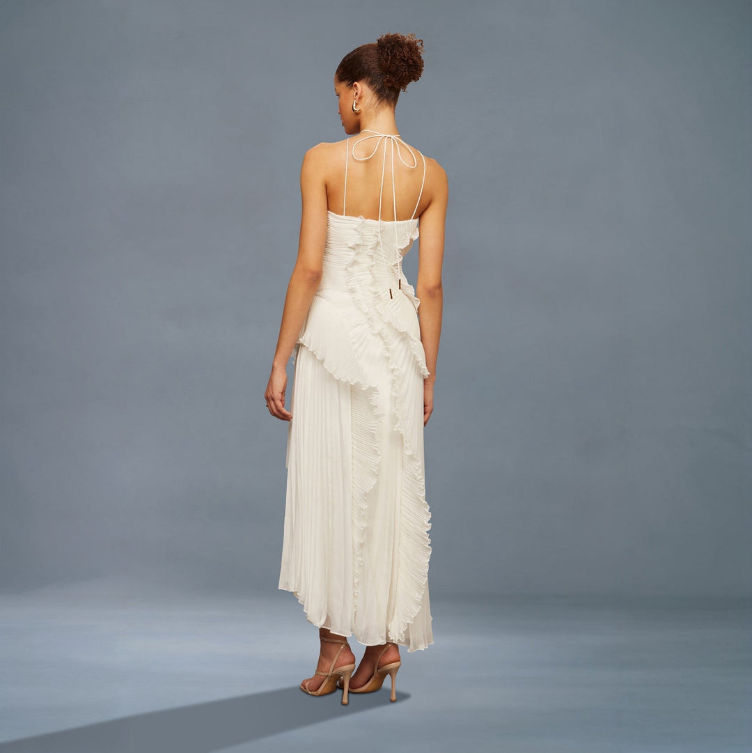 Weißes Midikleid mit Falten und Teerosen-Detail