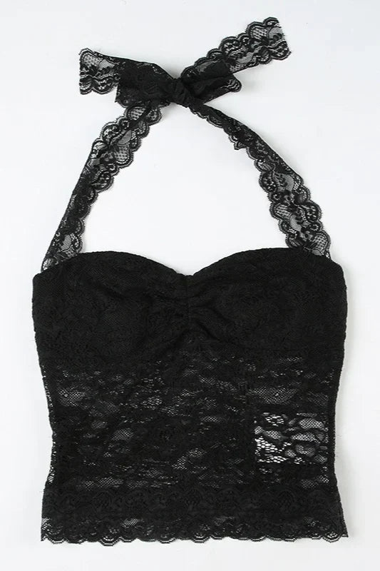 Spitzenvolant Schlanke Passform Neckholder Top Schwarz Damen