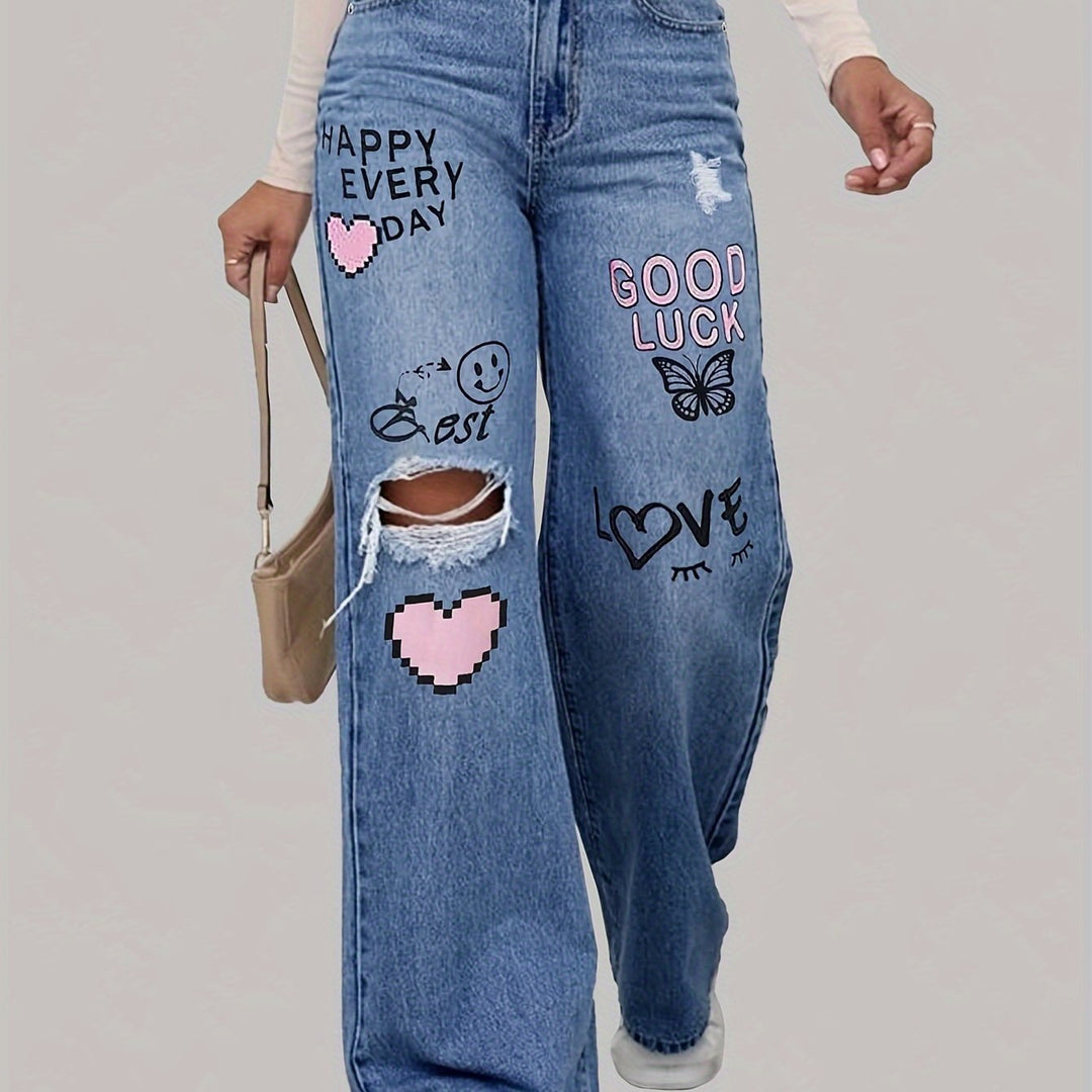 Kräftige Grafik High-Waist Weite Denim-Jeans