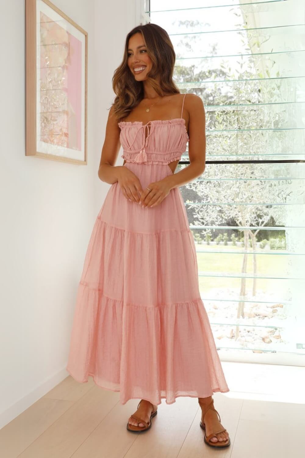 Midi-Kleid aus Chiffon-Baumwollmischung mit verstellbaren Riemen aus Band