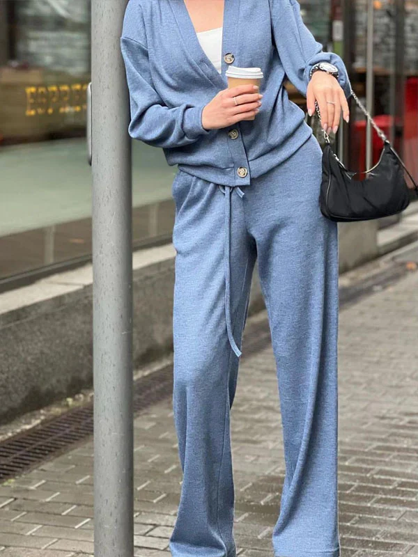Gemütliches lässiges V-Ausschnitt Pullover- und Hose-Set