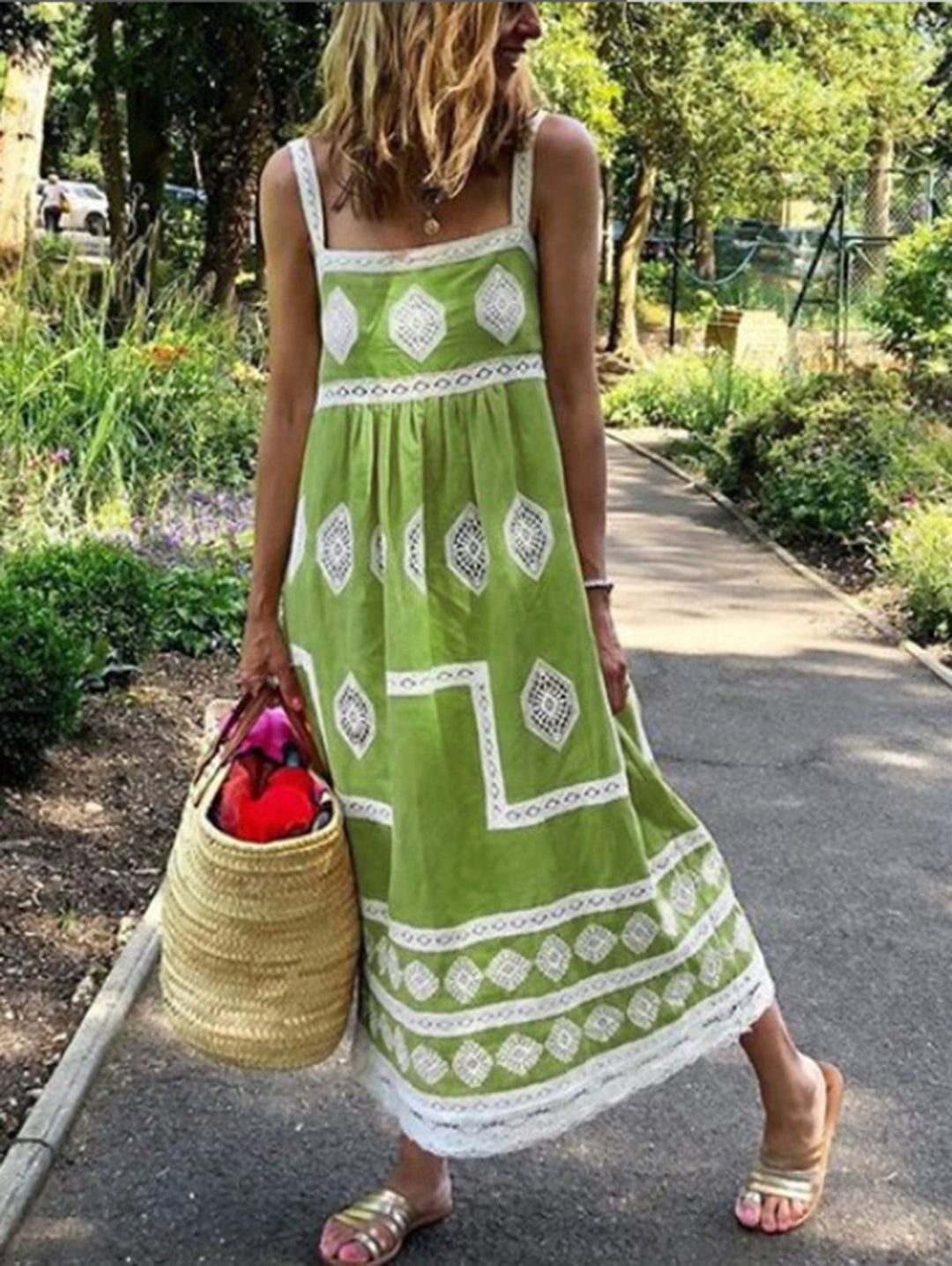 Gelbes Boho-Muster Maxikleid mit quadratischem Ausschnitt