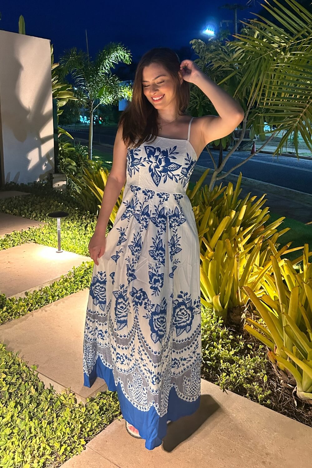 Polyester Spaghettiträger Midi Kleid Blau