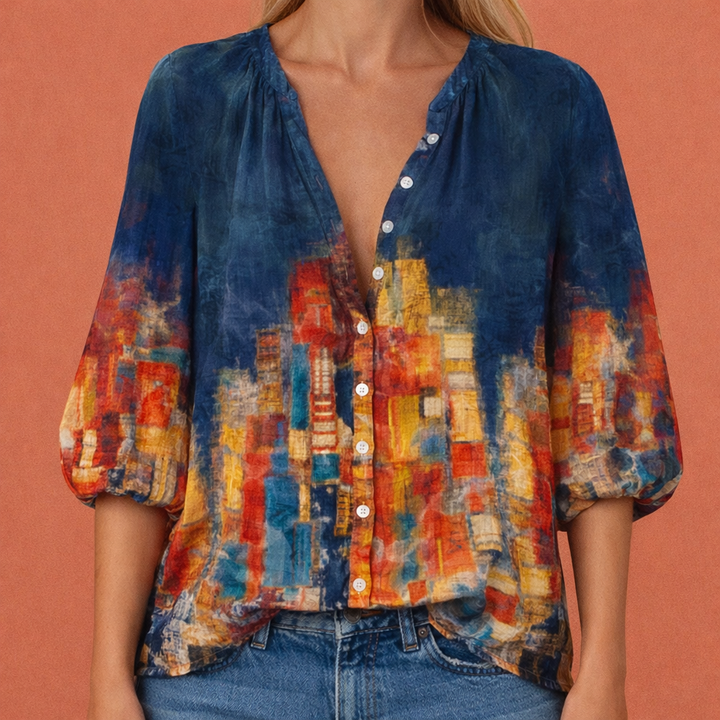 Damen V-Ausschnitt Bluse mit Knopfverschluss und Druckmuster