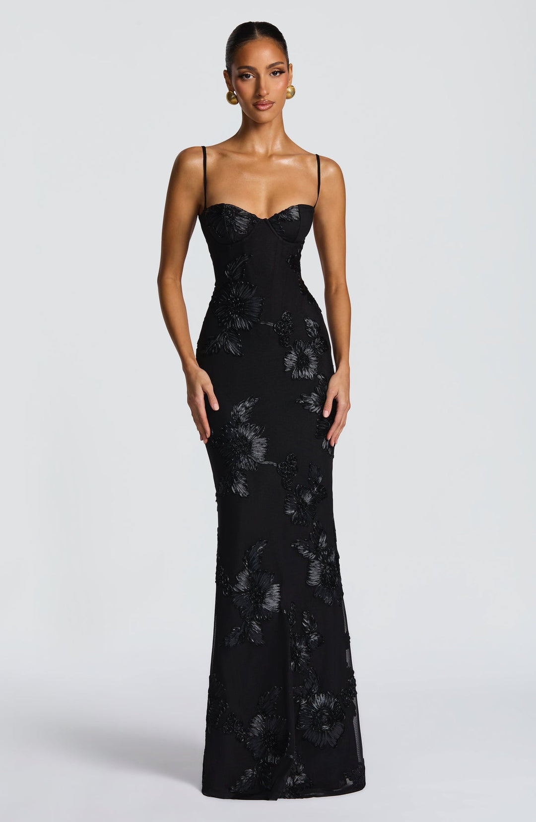Women's Maxi Dress With Corset Bodice And Floral Appliqué