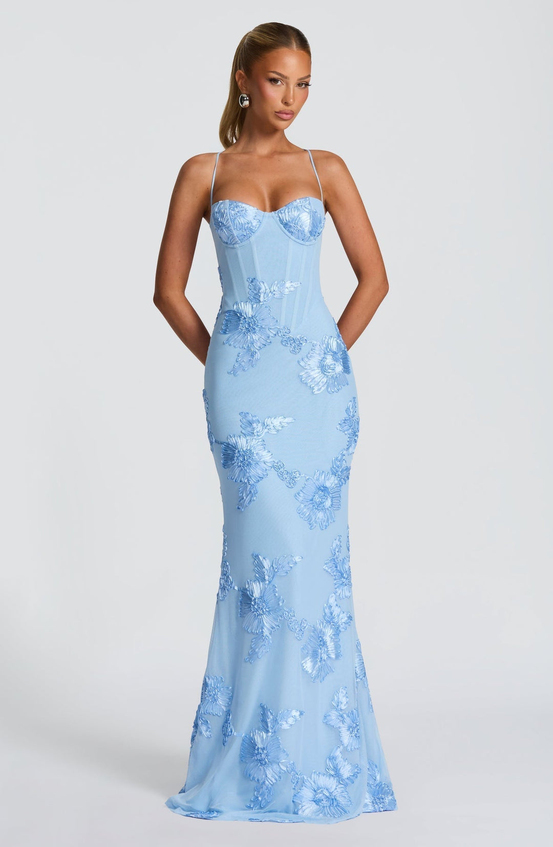Women's Maxi Dress With Corset Bodice And Floral Appliqué