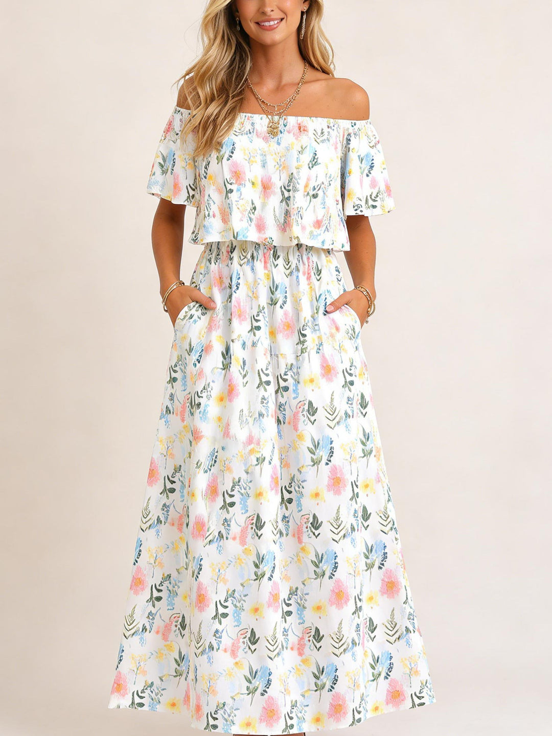 Damen Blumen-Etuikleid mit Carmen-Ausschnitt für den Sommer