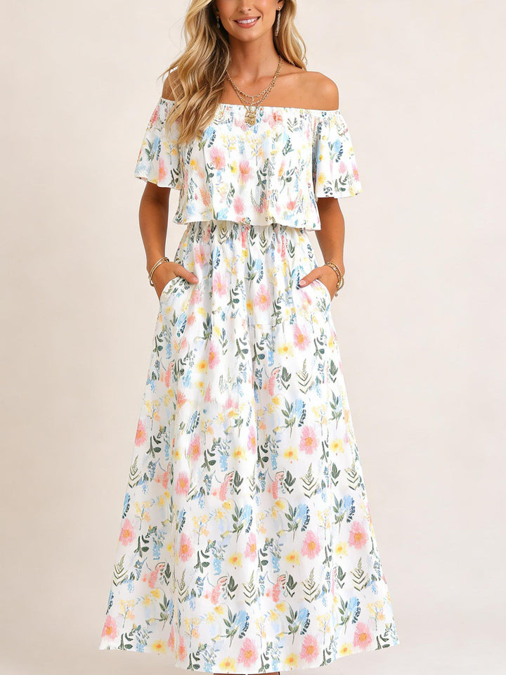 Damen Blumen-Etuikleid mit Carmen-Ausschnitt für den Sommer
