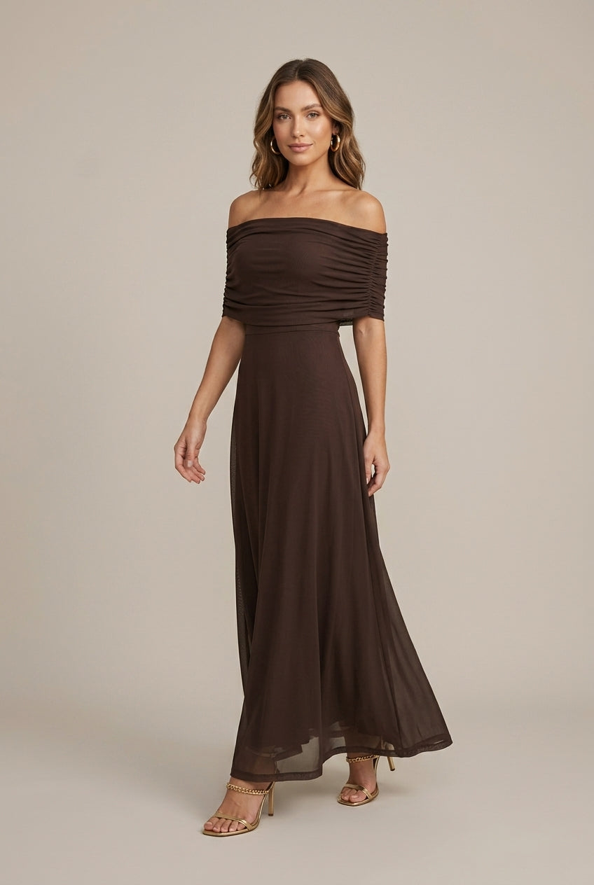 Women's Maxi Dress with Carmen Neckline and Ruched Bodice