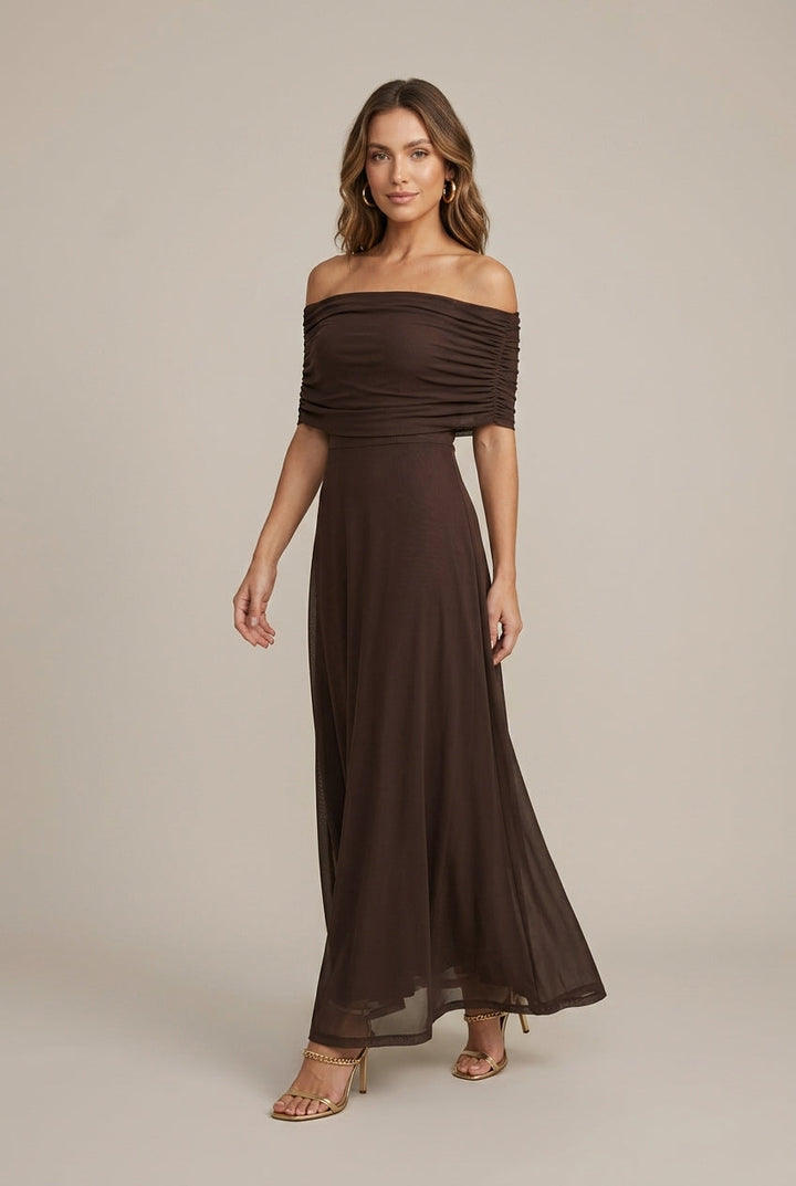 Damen-Maxikleid mit Carmen-Ausschnitt und gerafftem Korsett in voller Länge