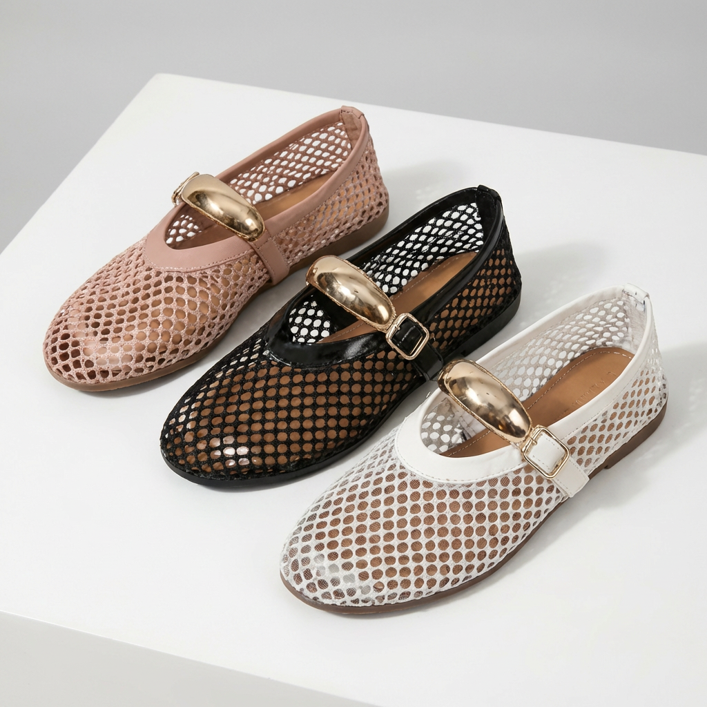 Damen Mary Jane Schuhe aus Mesh als Paar in eleganter Produktansicht
