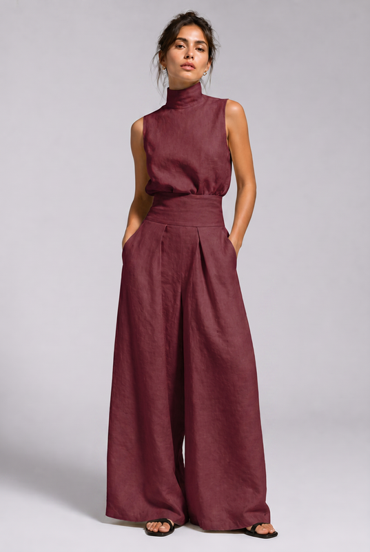Eleganter Damen-Leinen-Zweiteiler mit entspannter Silhouette und weiter Hose