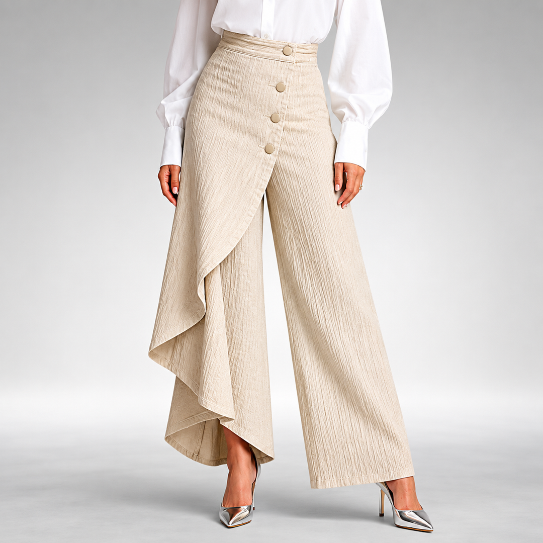 Detailansicht der weiten Hose für Damen mit fließendem Stoff
