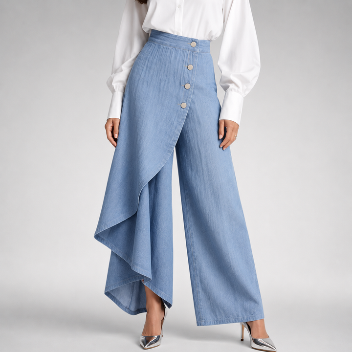 Damenhose mit weitem Bein und locker fallender Silhouette in Seitenansicht
