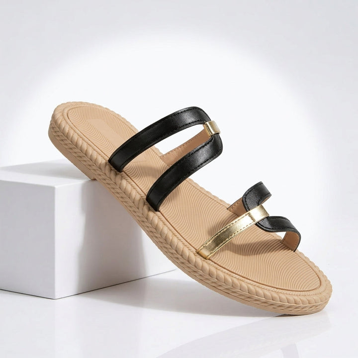 Damen-Sandalen mit zwei Riemen im Slide Stil, Seitenansicht