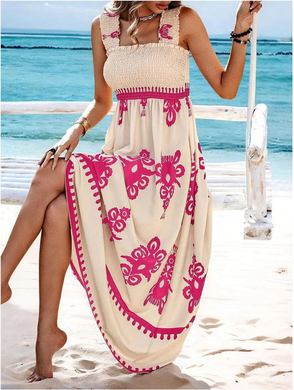 Maxikleid mit geometrischem Print und Smok-Einsatz