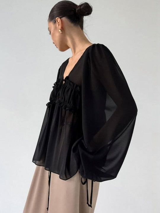 Chiffon-Bluse mit Schleifenkragen Weiß