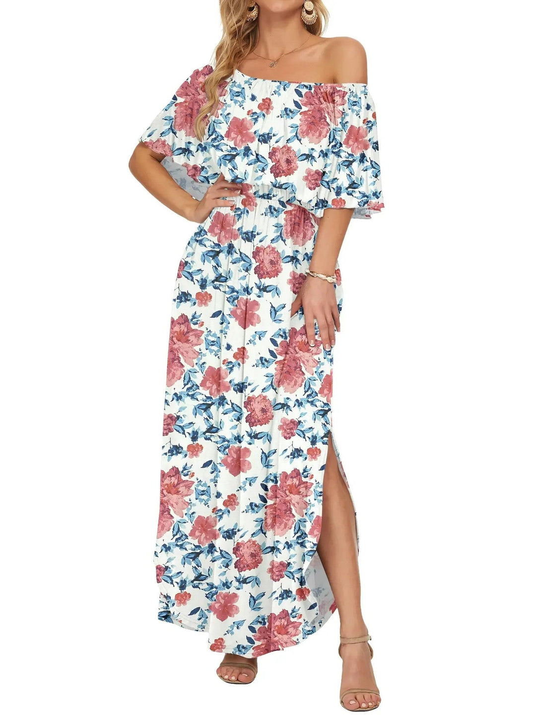 Damen Blumen-Etuikleid mit Carmen-Ausschnitt für den Sommer