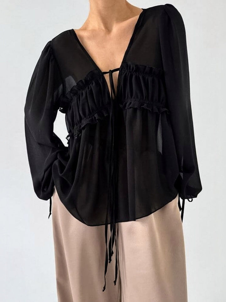 Chiffon-Bluse mit Schleifenkragen Weiß