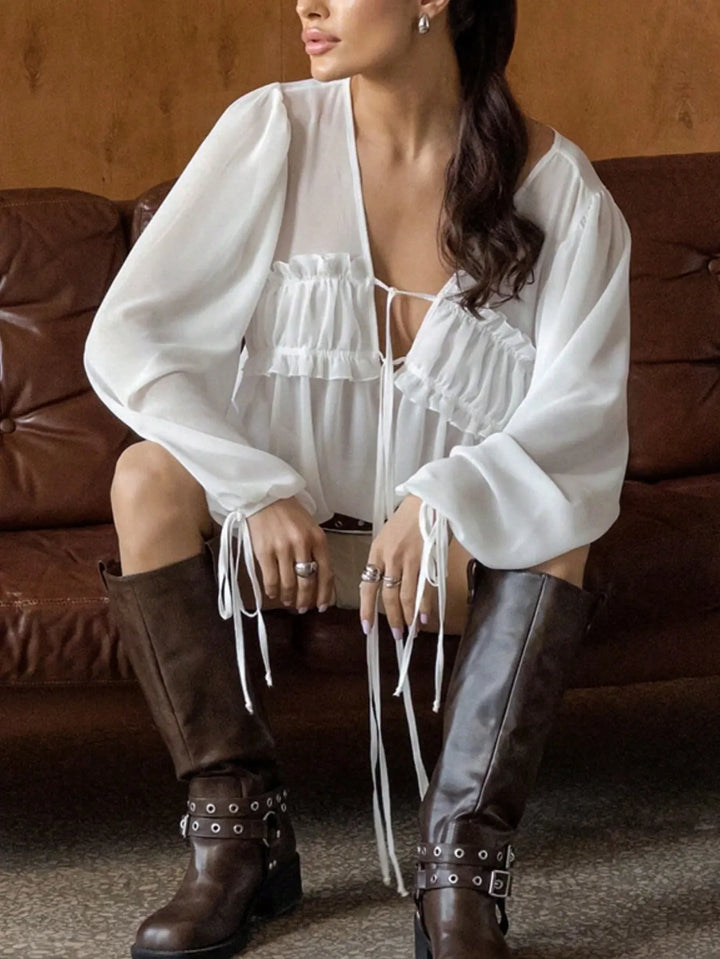 Chiffon-Bluse mit Schleifenkragen Weiß