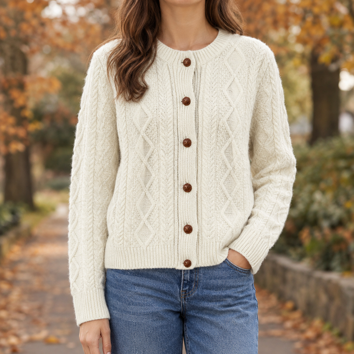 Damen Wollstrickjacke Mit Zopfmuster Salbeigrün