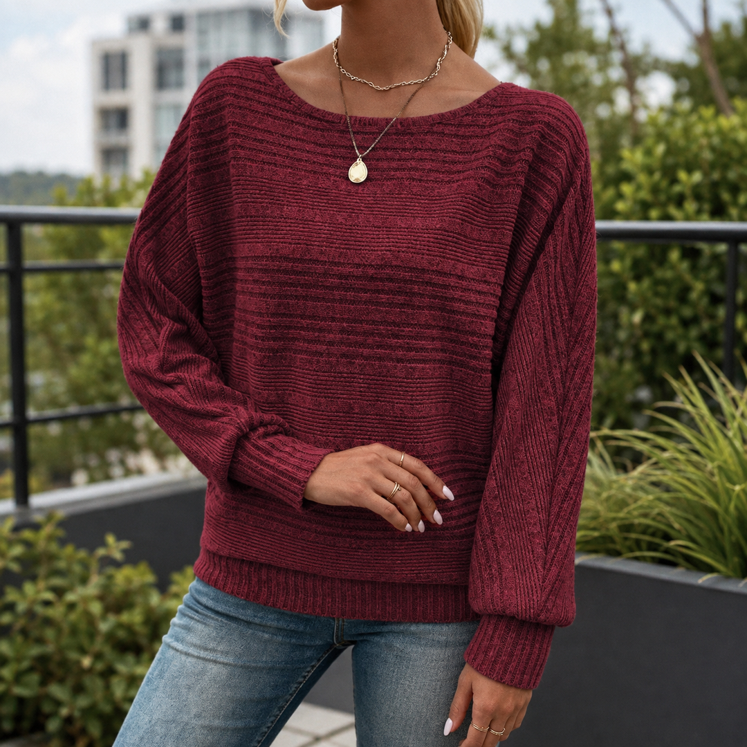 Damen-Rippstrickpullover mit weitem Bootsausschnitt in der Vorderansicht