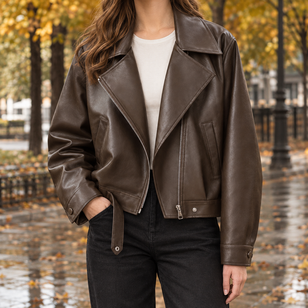 Damen Cropped Bikerjacke mit markantem Oversize-Revers
