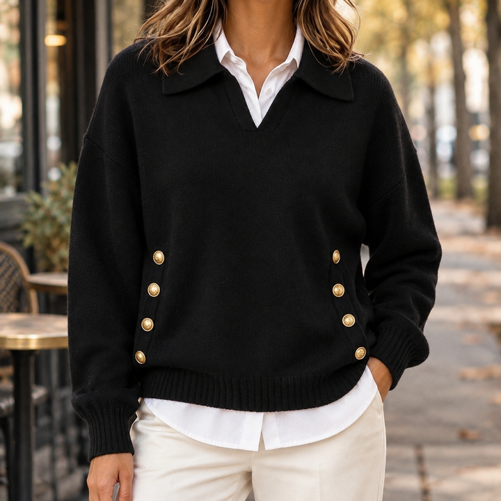 Damen-Strickpullover mit Kragen und V-Ausschnitt in der Gesamtansicht