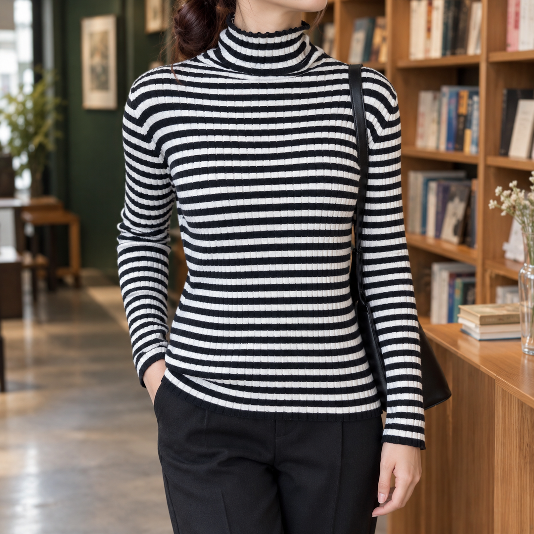 Damen-Rollkragenpullover mit gestreiftem Muster aus geripptem Strick