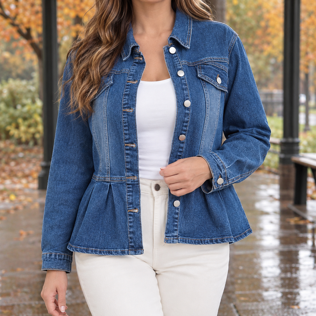 Damen-Jeansjacke mit femininem Schößchen und durchgehender Knopfleiste