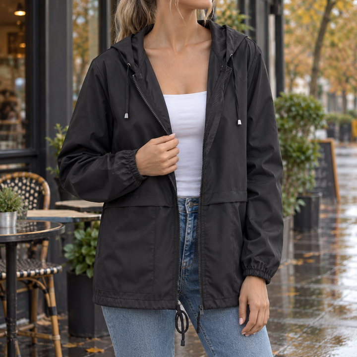 Damen-Kapuzenjacke aus weichem Webstoff in der Gesamtansicht