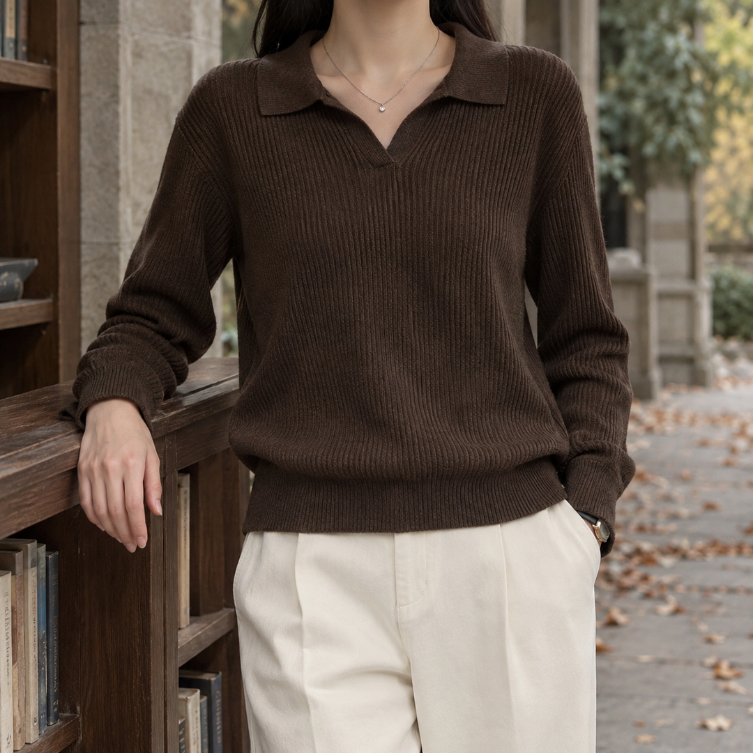 Damen Rippstrickpullover Mit Polokragen