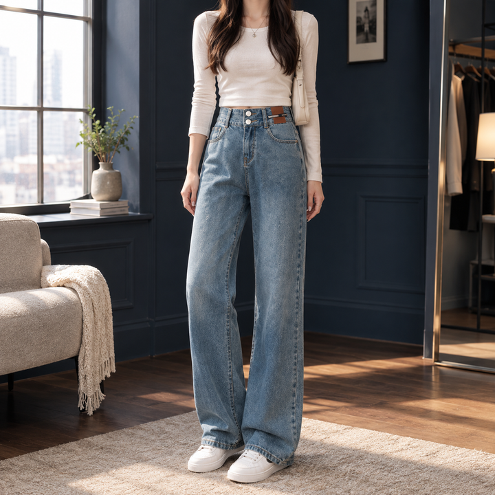Damen Wide Leg Jeans aus Baumwolle mit hohem Bund und weiter Passform