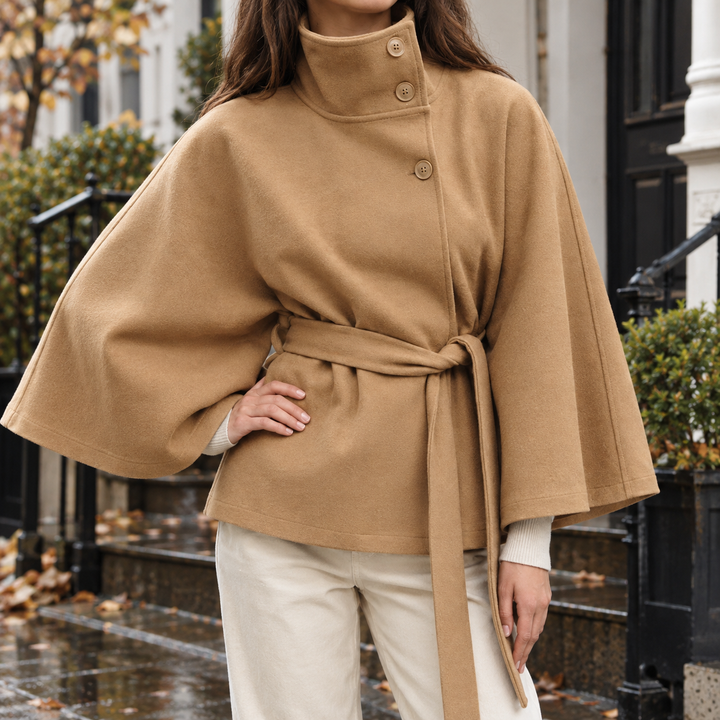 Damen Capejacke Mit Stehkragen Und Bindegürtel