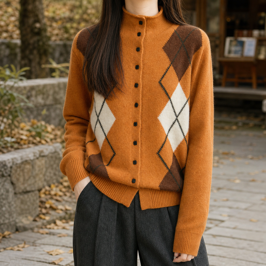 Damen Wollmix Cardigan Mit Rautenmuster Und Stehkragen