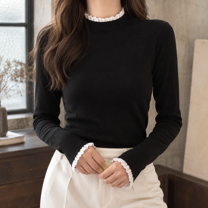 Damen-Langarmshirt mit Spitzenbesatz und elegantem Stehkragen
