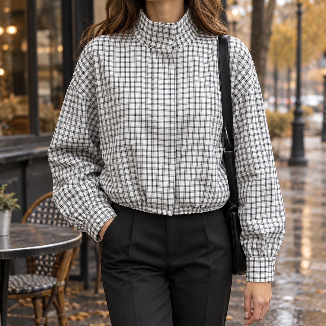 Women's Checkered Jacket With Stand-Up Collar