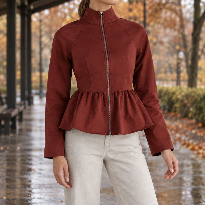 Women's peplum jacket with stand-up collar
