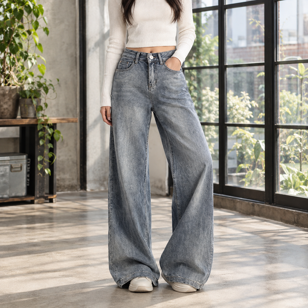 Damen-Wide-Leg-Jeans mit hohem Bund in einer Produktansicht
