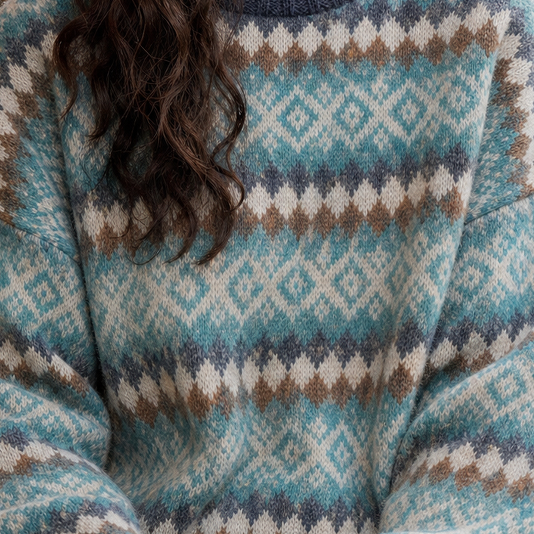 Detailansicht des Jacquard-Strickmusters mit Rauten auf dem Damenpullover